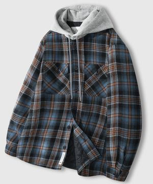 오버핏 플란넬 포켓 체크 후드 자켓 [인디블루]