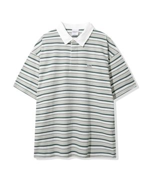 멀티 스트라이프 카라 반소매 티셔츠_카키