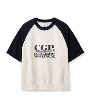 (우먼) 스퀘어 로고 배색 반소매 맨투맨_네이비