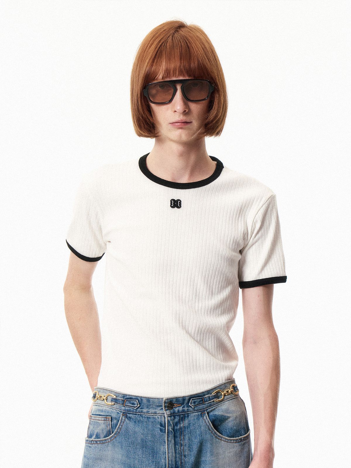쿠르베(COURBE) Contrast Wed Round Neck T-shirt (White)