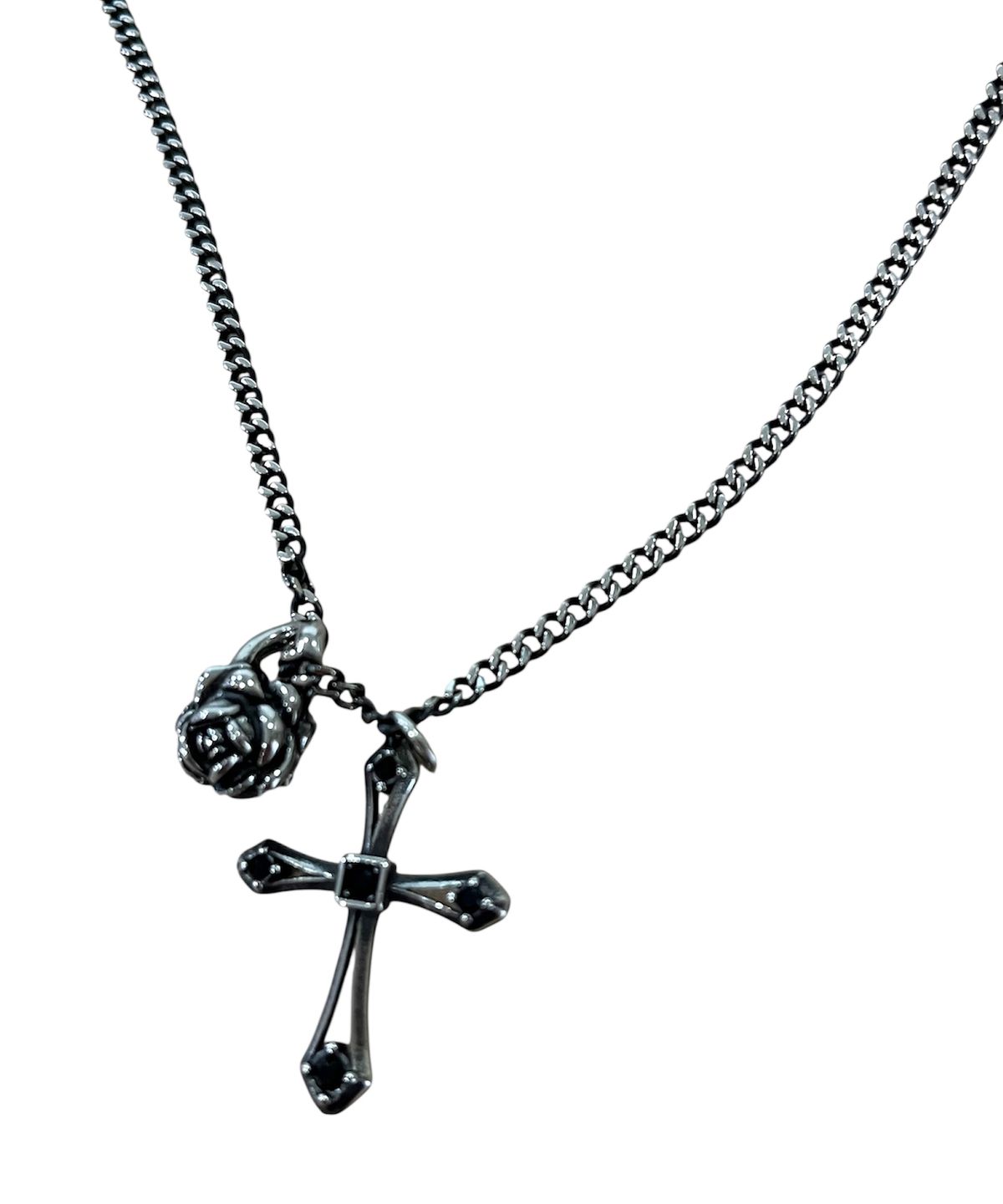 스케이터락(SK8ER ROCK) Cross And Rose Vintage Chain Necklace ((antique steel))