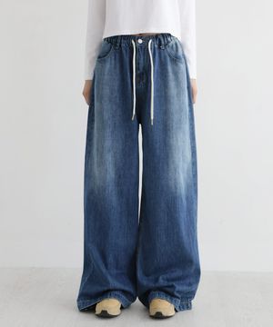 오버드롭 루즈핏 스트링 밴딩 롱 와이드 데님 팬츠