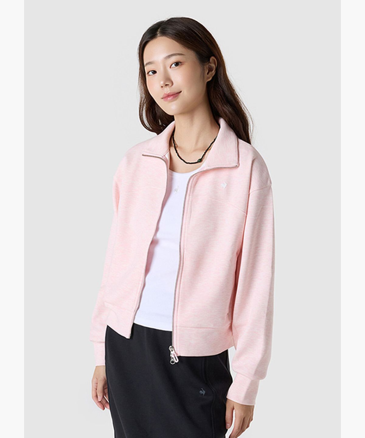 르꼬끄(LECOQ) 여성 모달 더블텐션 루즈핏 하이넥 집업 - 핑크(QQ322OFT81)