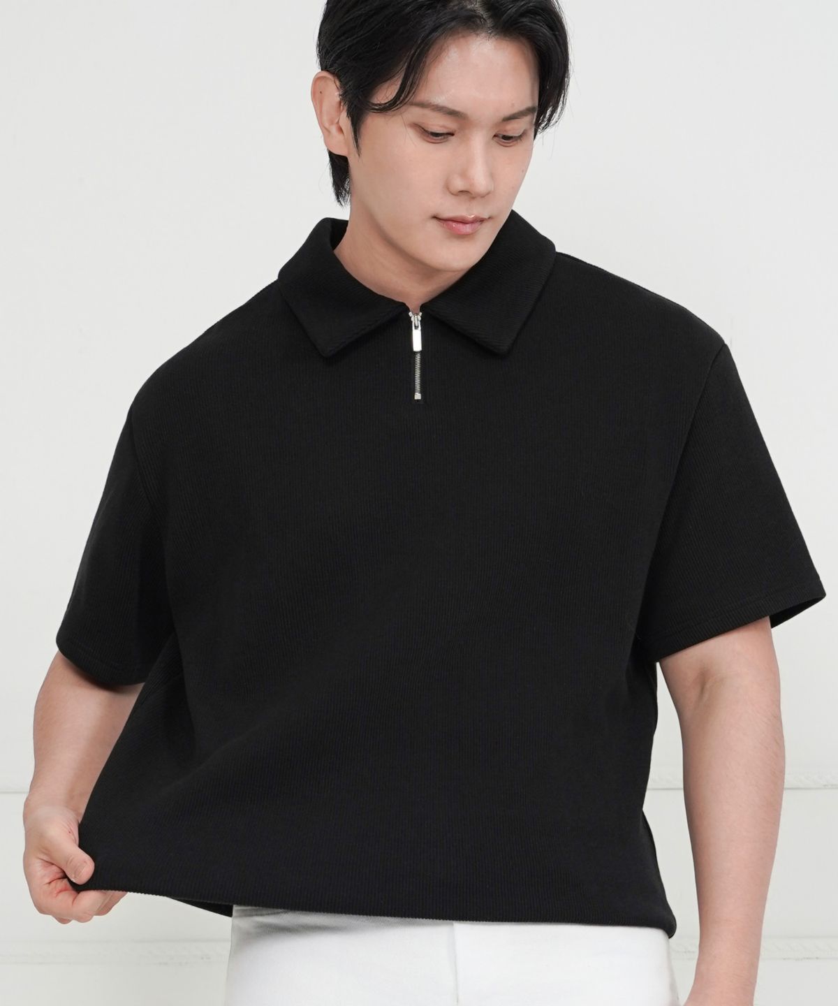 디바라(DIBALA) 자동넣입 페이크 드랍 오버핏 반집업 카라티 반팔 티셔츠