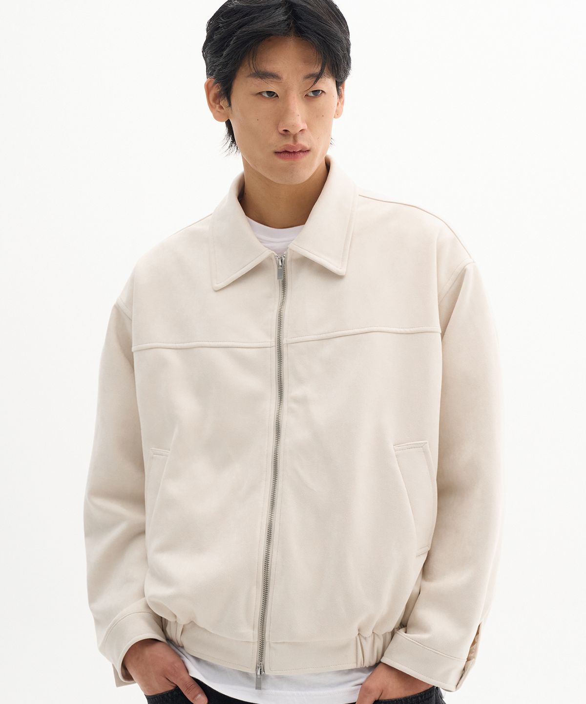 플레이스스튜디오맨(PLACESTUDIOMAN) 미니멀 워시드 크롬 하프 절개 오버핏 스웨이드 자켓 [베이지]