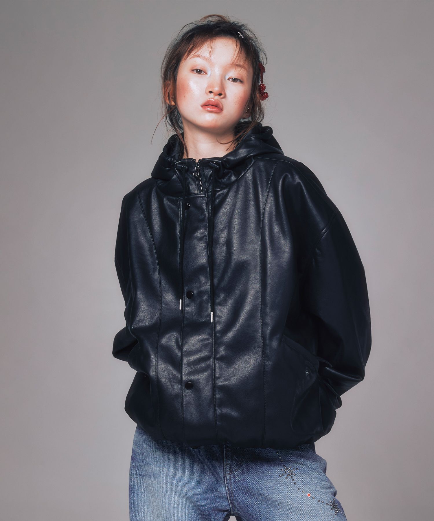 MUSINSA | YOUHEE FAUX LEATHER JUMPER BLACK