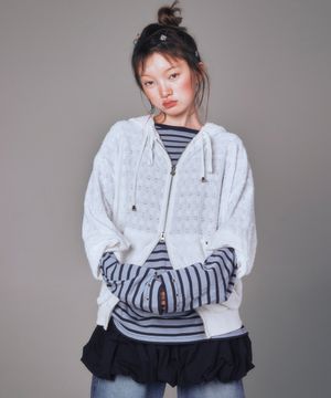 LACE HOOD ZIP-UP WHITE