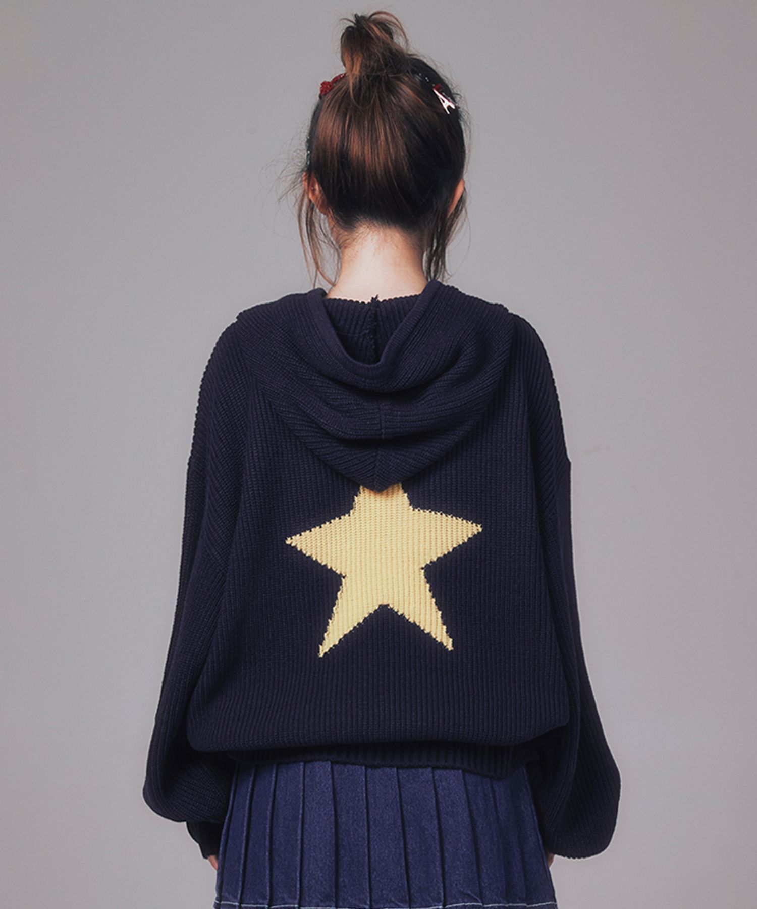 MUSINSA | YOUHEE STAR KNIT HOODIE NAVY