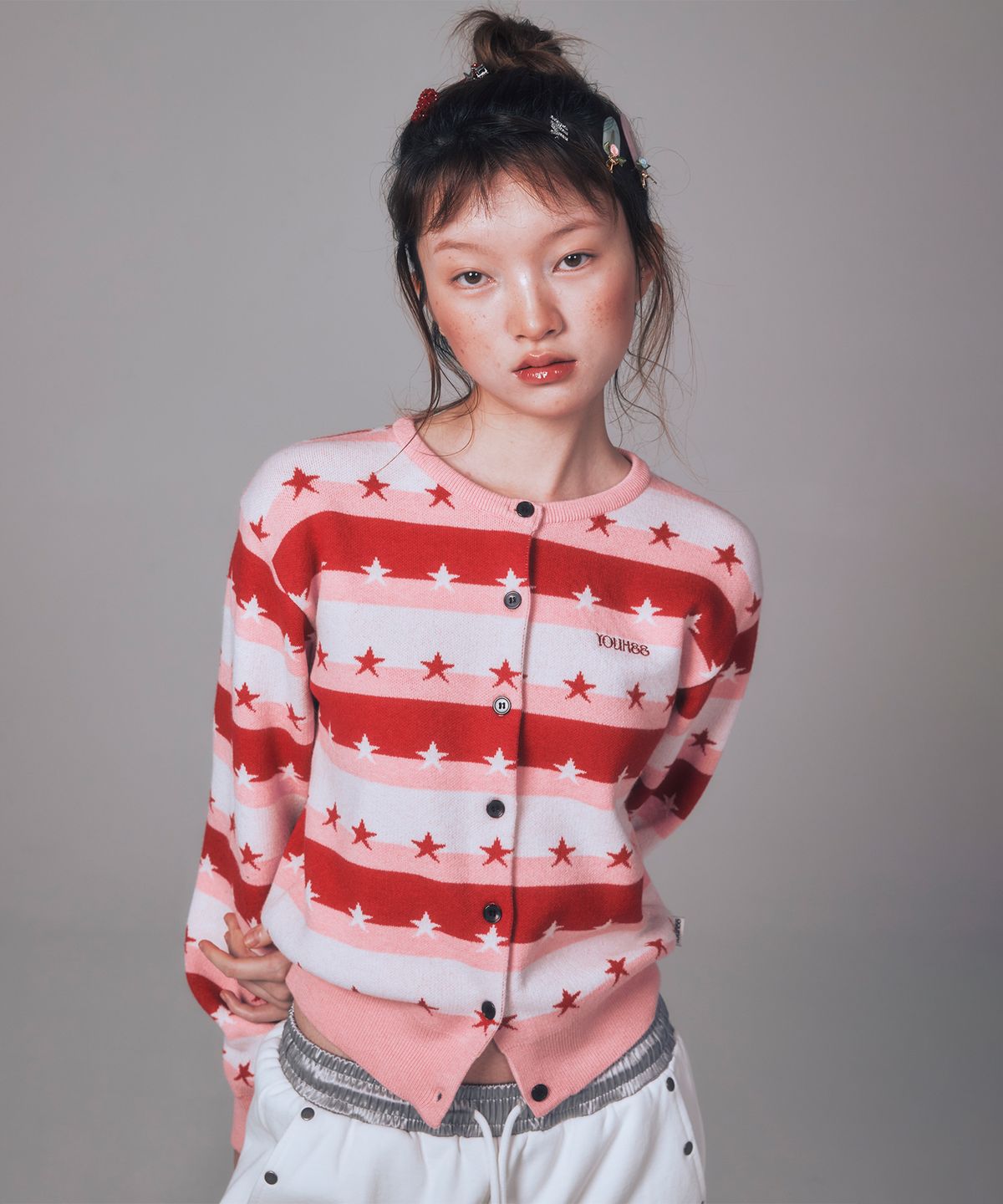 유희(YOUHEE) STAR STRIPE CARDIGAN PINK