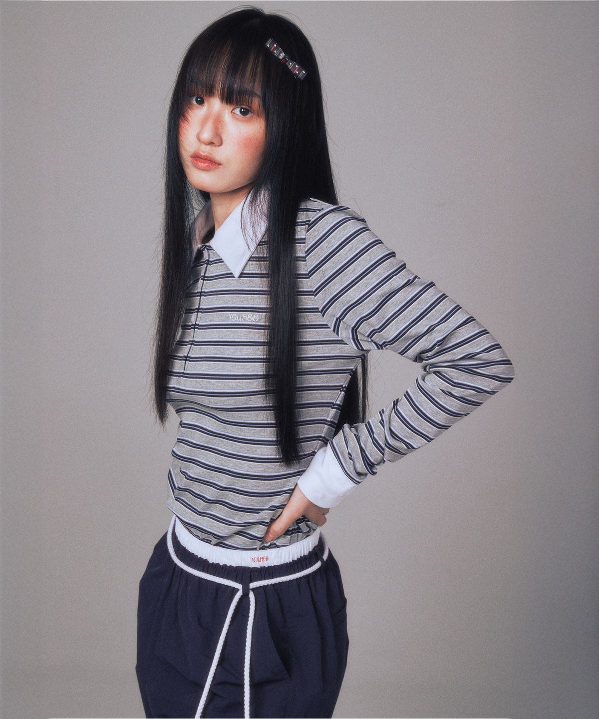 유희(YOUHEE) STRIPE LONG SLEEVE PK T-SHIRTS MELANGE GREY