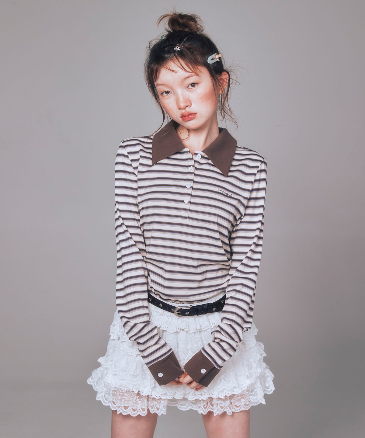 유희(YOUHEE) STRIPE LONG SLEEVE PK T-SHIRTS BROWN