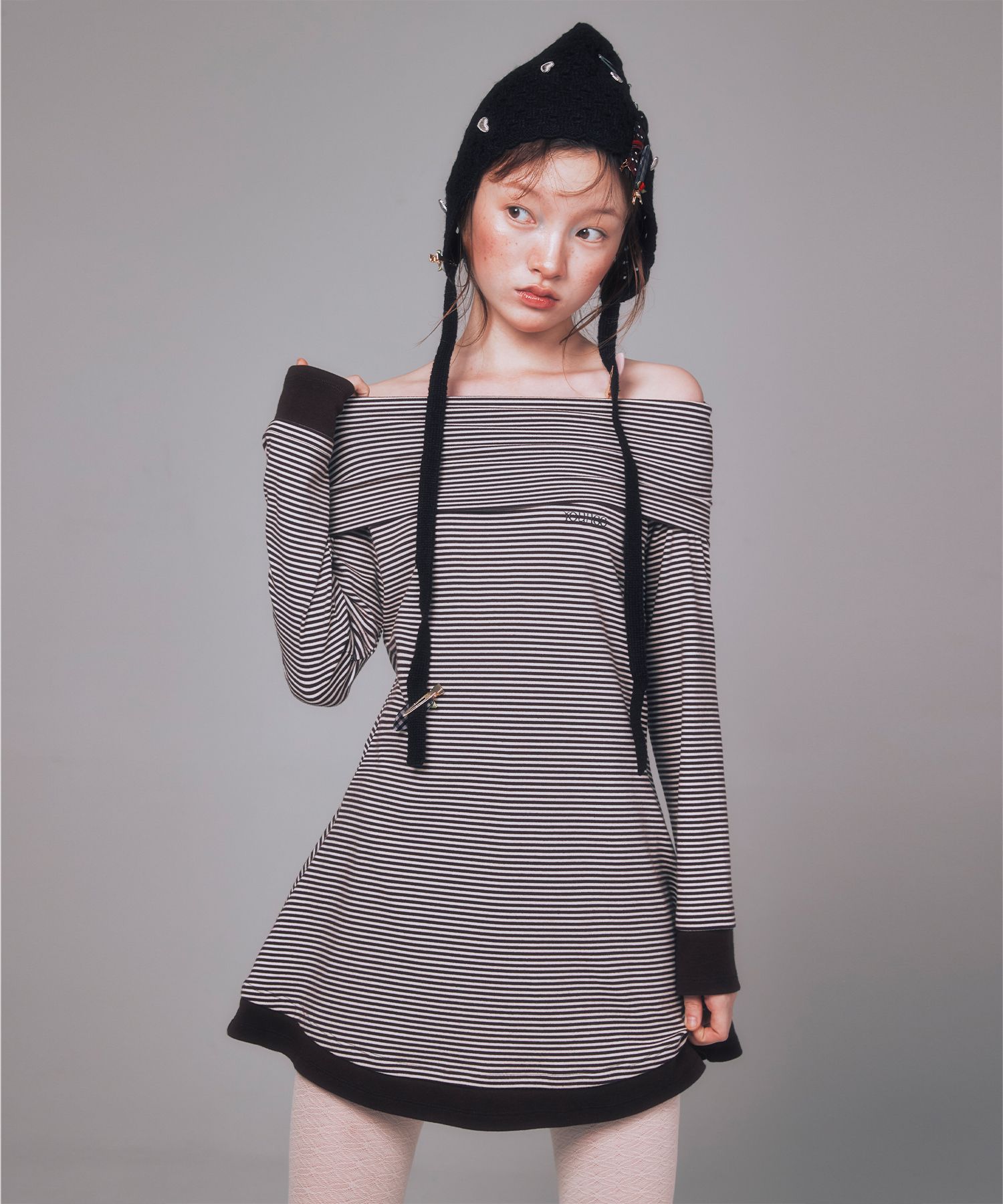 MUSINSA | YOUHEE STRIPE OFF-SHOULDER DRESS BROWN