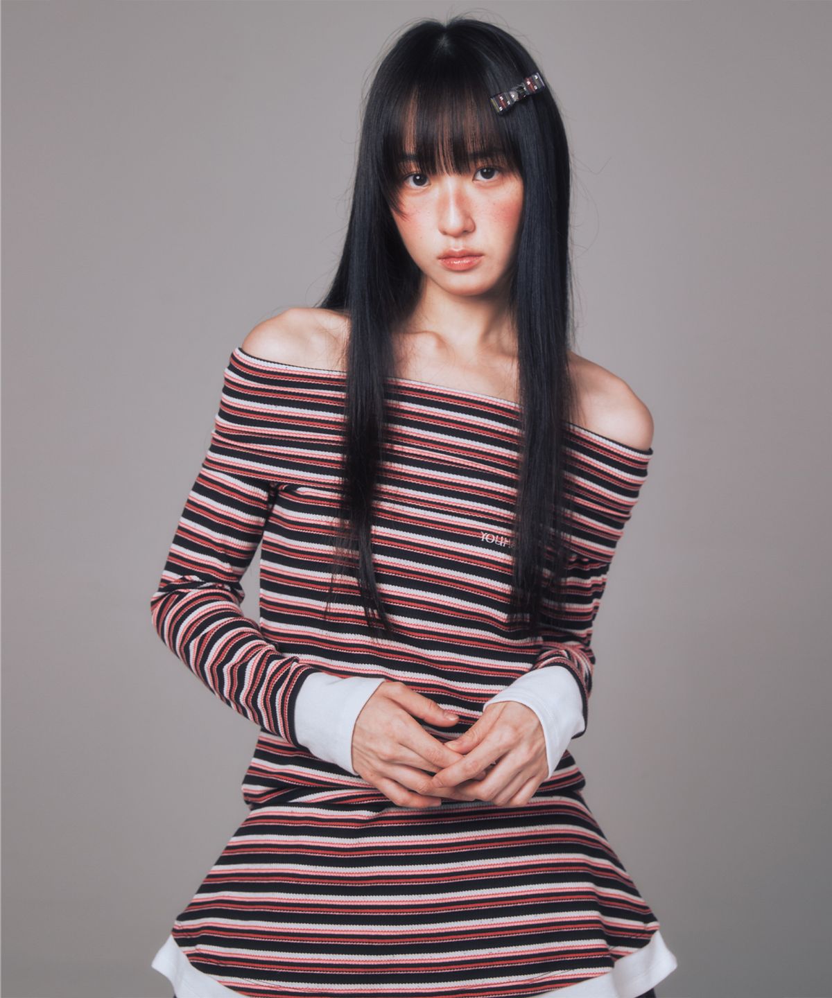 유희(YOUHEE) STRIPE OFF-SHOULDER DRESS PINK