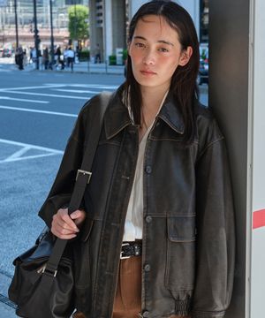 WASHED BOMBER LEATHER JACKET_BROWN