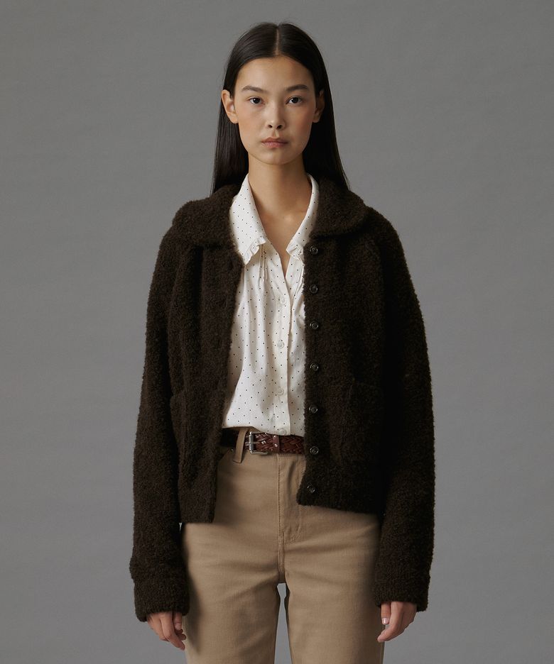 BOUCLE COLLAR KNIT JACKET BROWN