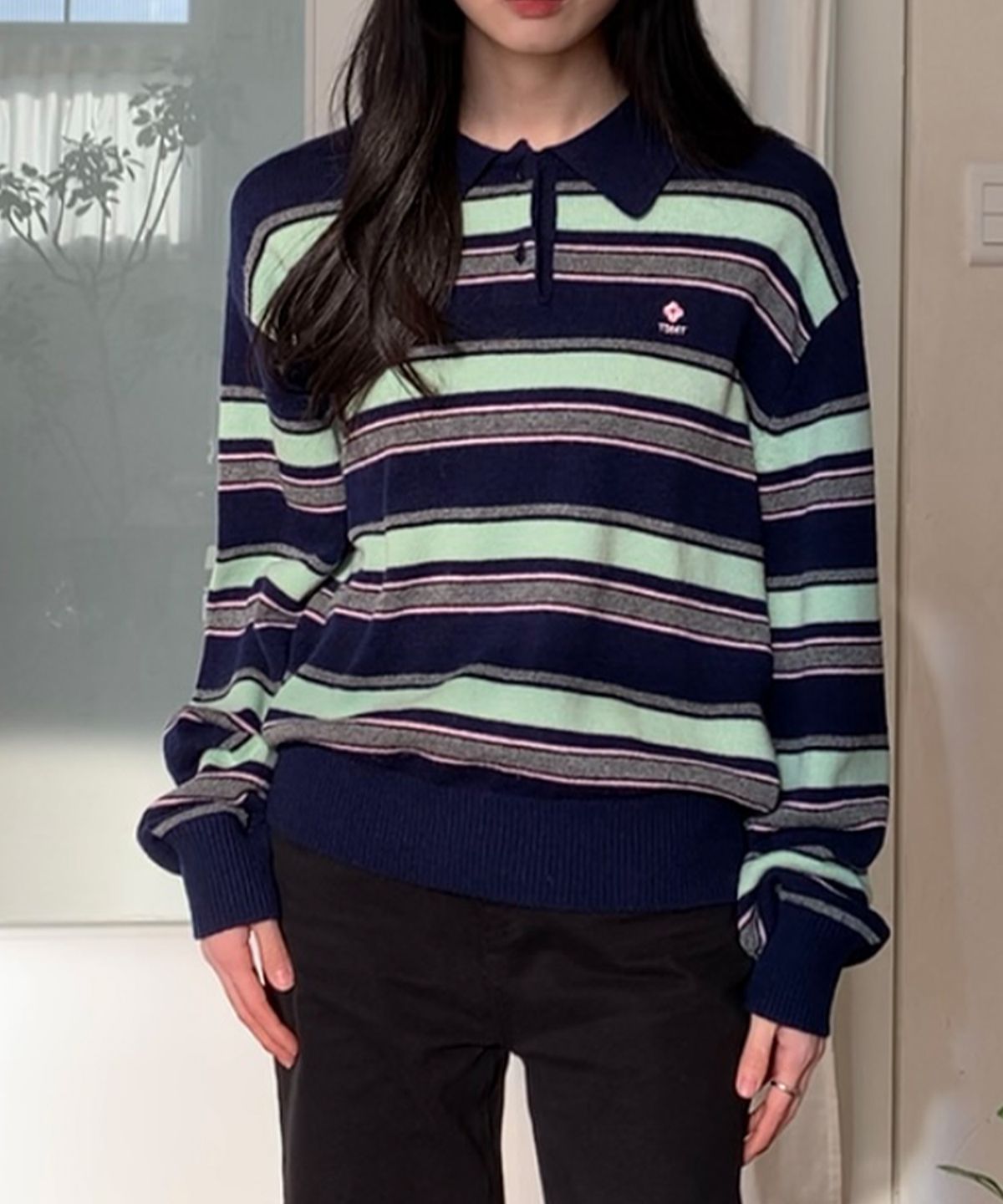 튜드먼트(TTUDEMENT) RETRO STRIPE POLO KNIT NAVY