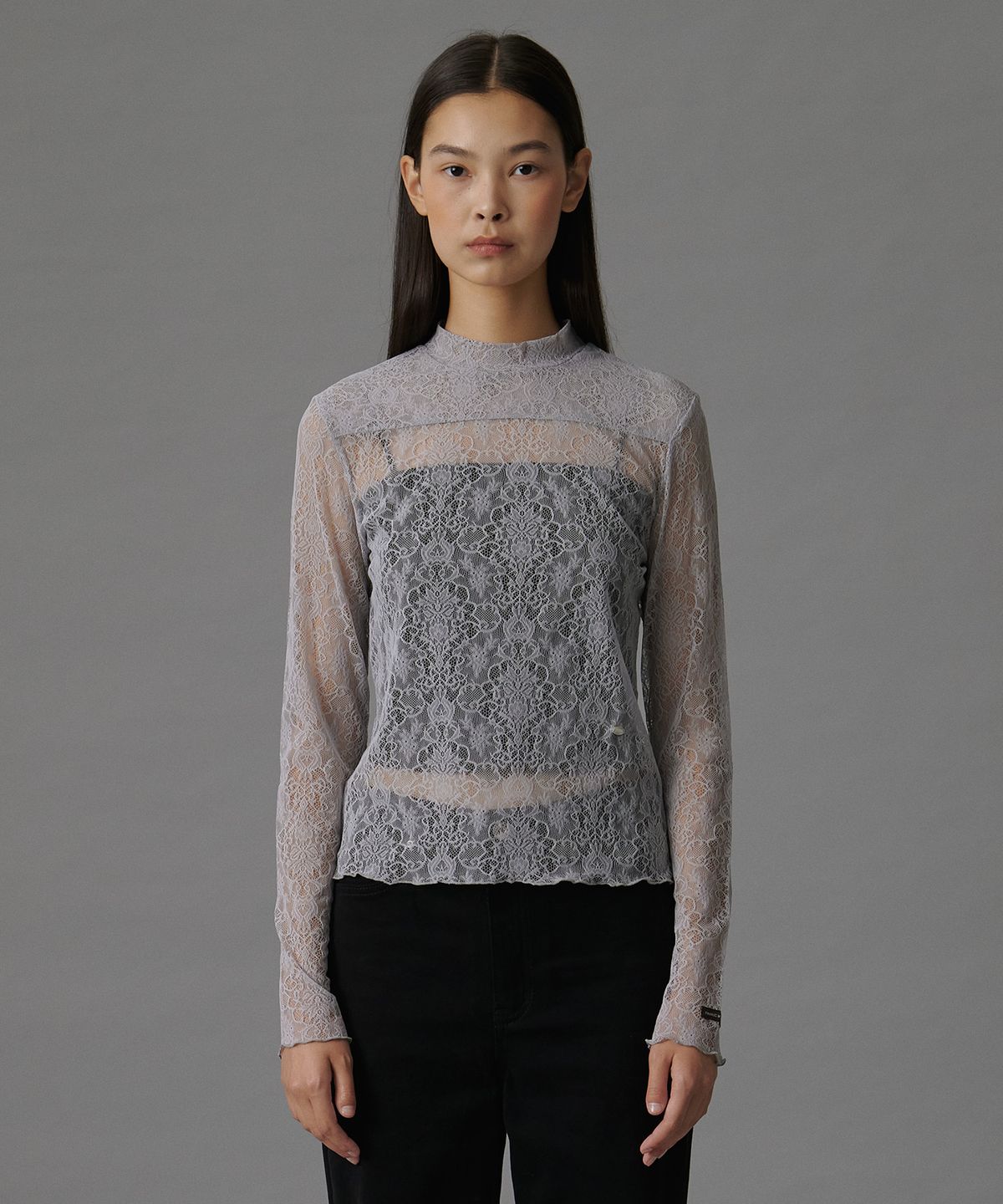 튜드먼트(TTUDEMENT) HIGH NECK LACE SHEER TOP LIGHT GREY