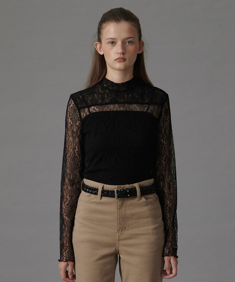 [브랜드위크 20%쿠폰] HIGH NECK LACE SHEER TOP BLACK