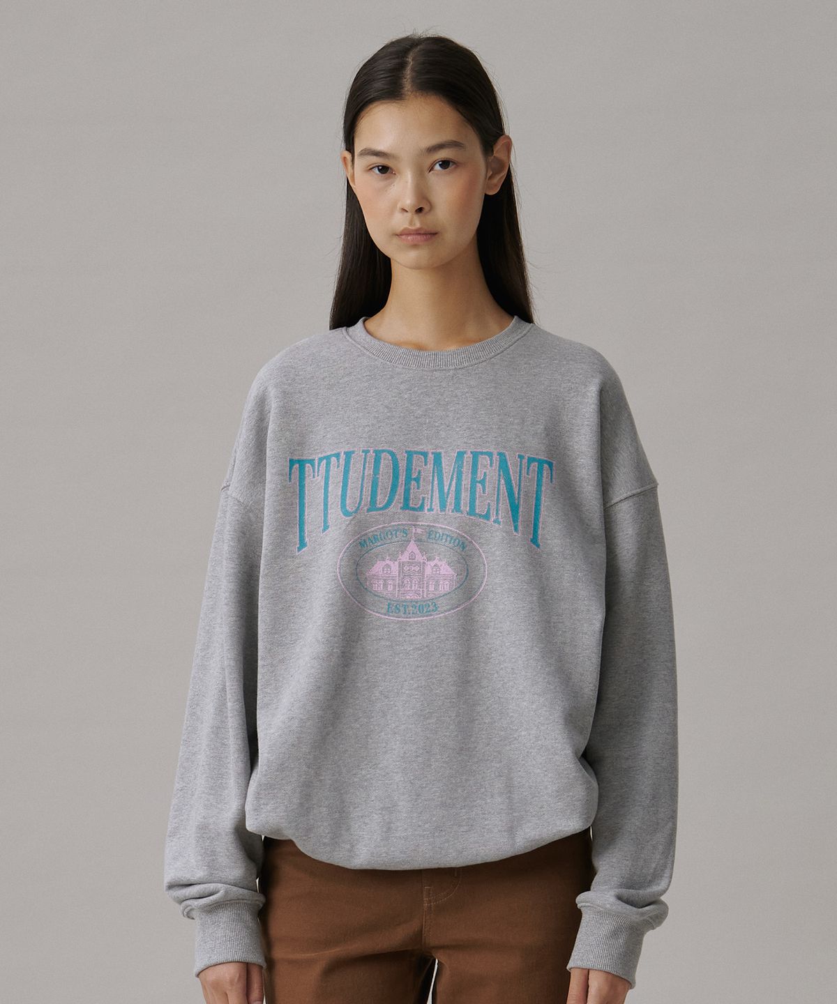 튜드먼트(TTUDEMENT) VINTAGE OVERFIT GRAPHIC SWEATSHIRT_MELANGE GREY