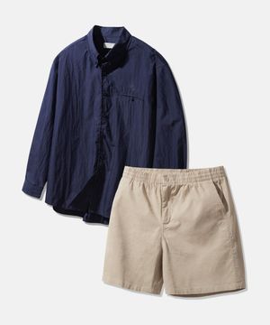 포켓 버튼 페이퍼 셔츠 스트레치 치노 쇼츠 셋업 (네이비/베이지)
