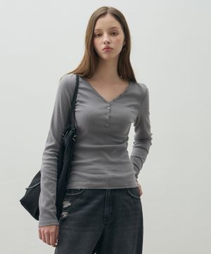 버튼업 리브드 브이넥 롱슬리브 [GREY]