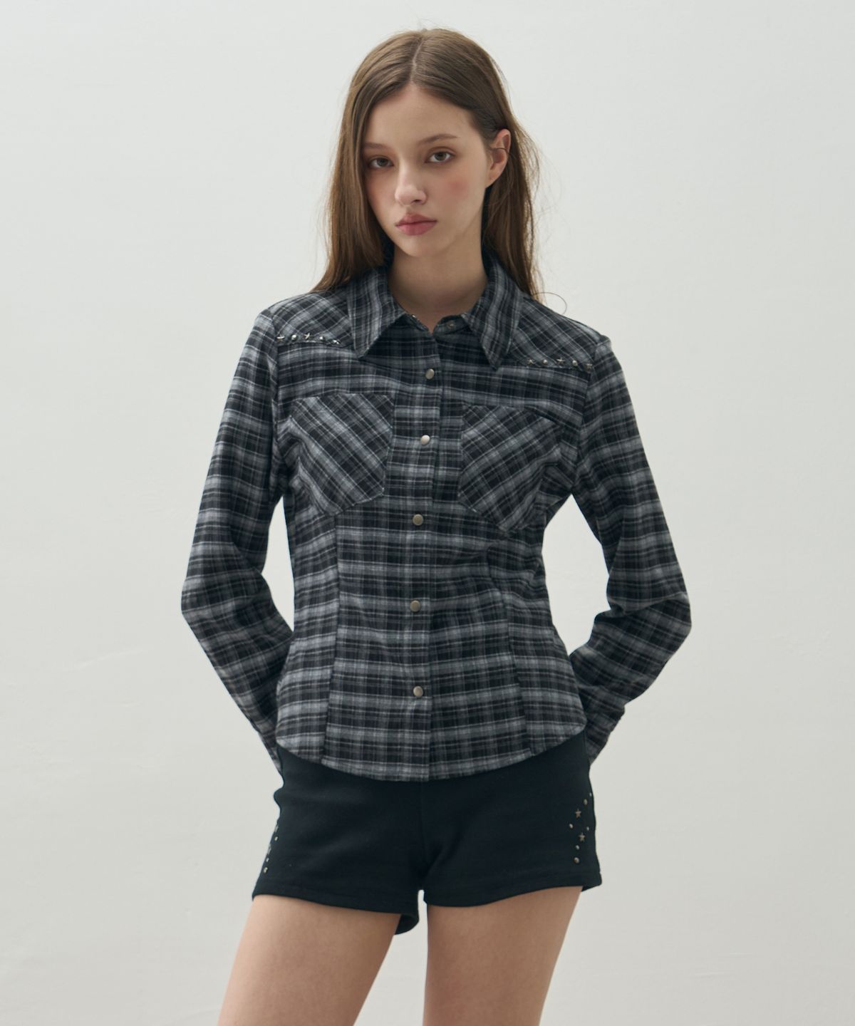 레더리(LEATHERY) 체크 웨스턴 슬림 셔츠 [BLACK]