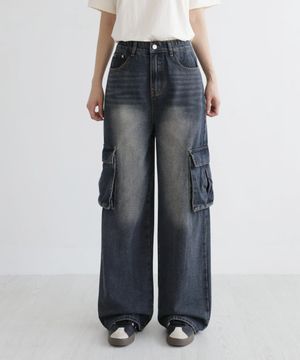 루즈핏 워싱 와이드 빅포켓 카고 데님 팬츠 2 Color