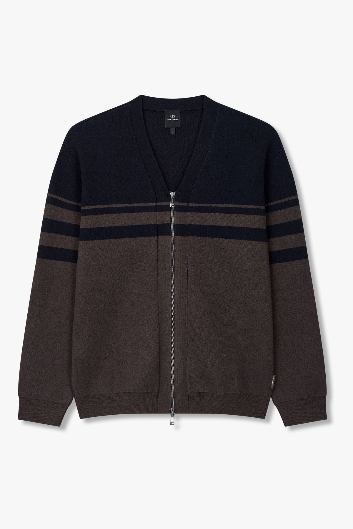 아르마니 익스체인지(ARMANI EXCHANGE) 남성 배색 브이넥 집업 니트 가디건_다크 네이비 A415332019