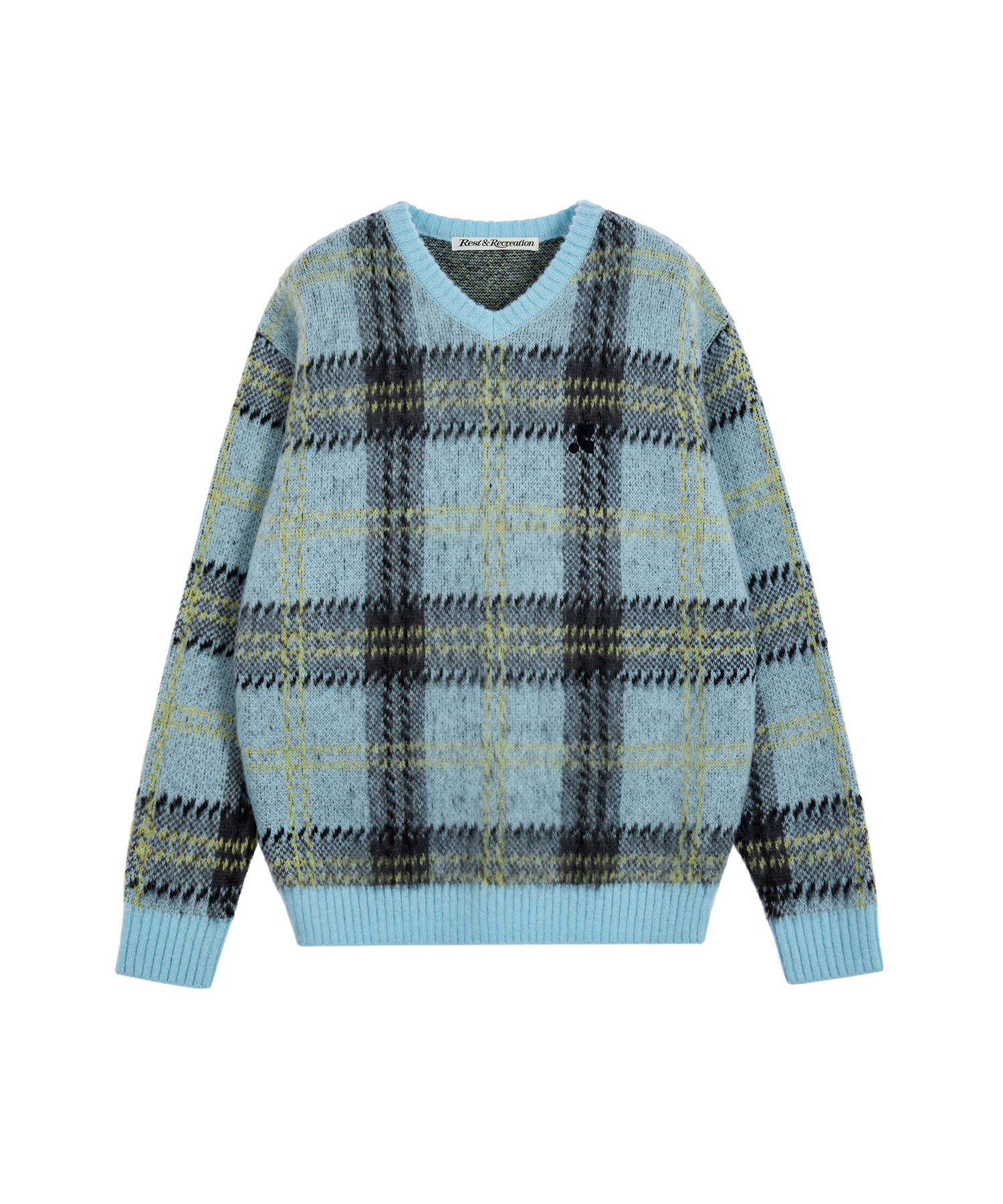 MUSINSA | REST&RECREATION CHECK PATTERN HAIRY SWEATER - SKY BLUE