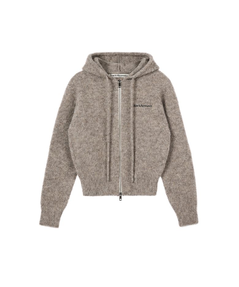 HAIRY KNIT HOOD ZIP-UP - BROWN