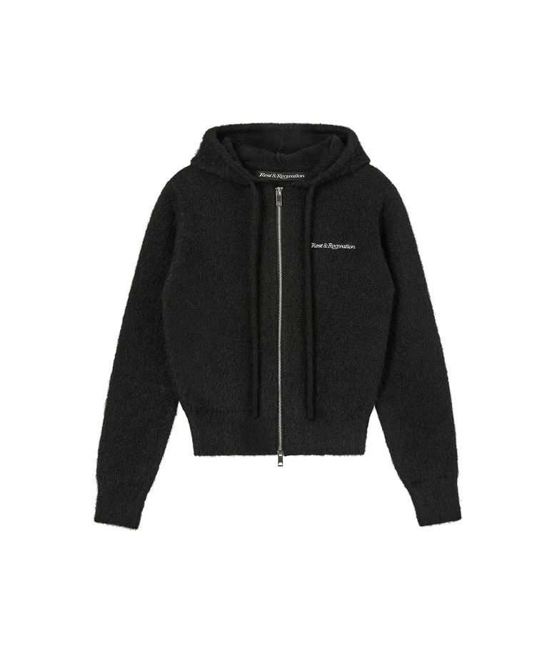 HAIRY KNIT HOOD ZIP-UP - BLACK