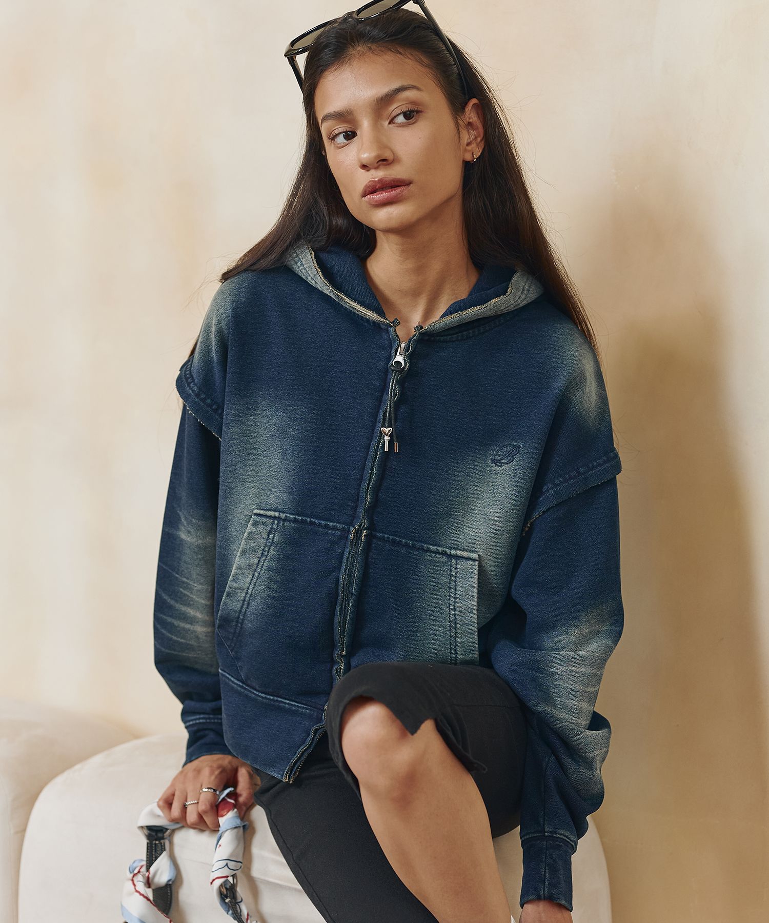 MUSINSA | BITTERCELLS Denim Washed Hoodie Zip-Up - Blue