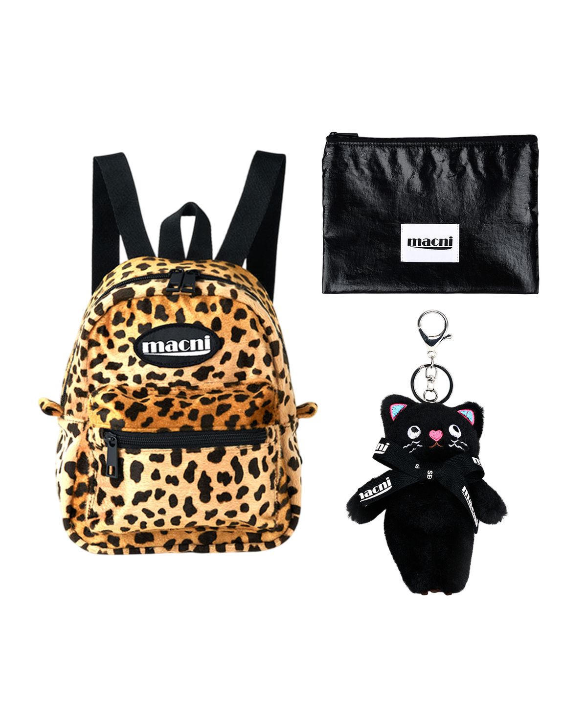 마크니(MACNI) [SET] PEPPY MICRO BACKPACK & GLOSSY SLIM POUCH & MEOW CAT KEYRING SET