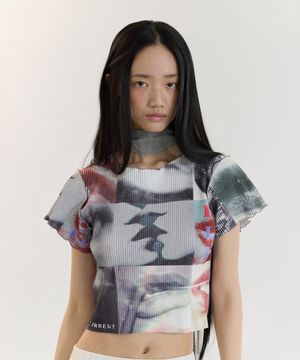 PLEATS PRINT TOP(BLACK/WHITE)