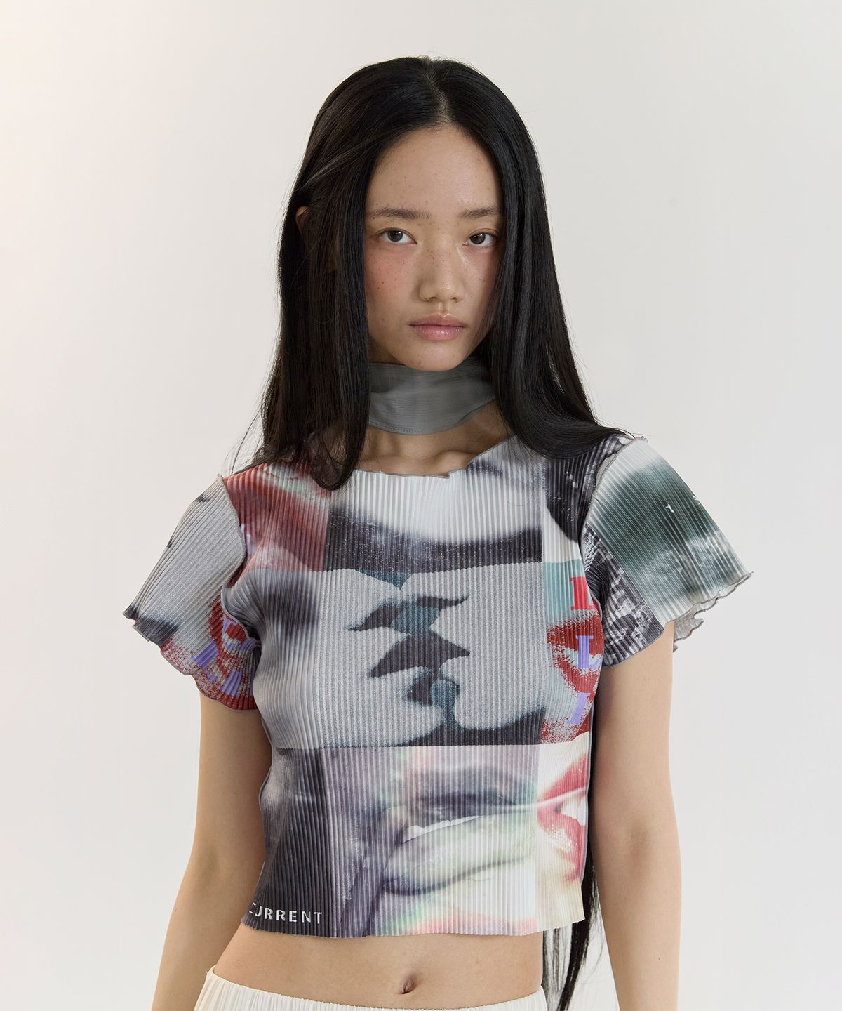 커렌트(CURRENT) PLEATS PRINT TOP(BLACK/WHITE)