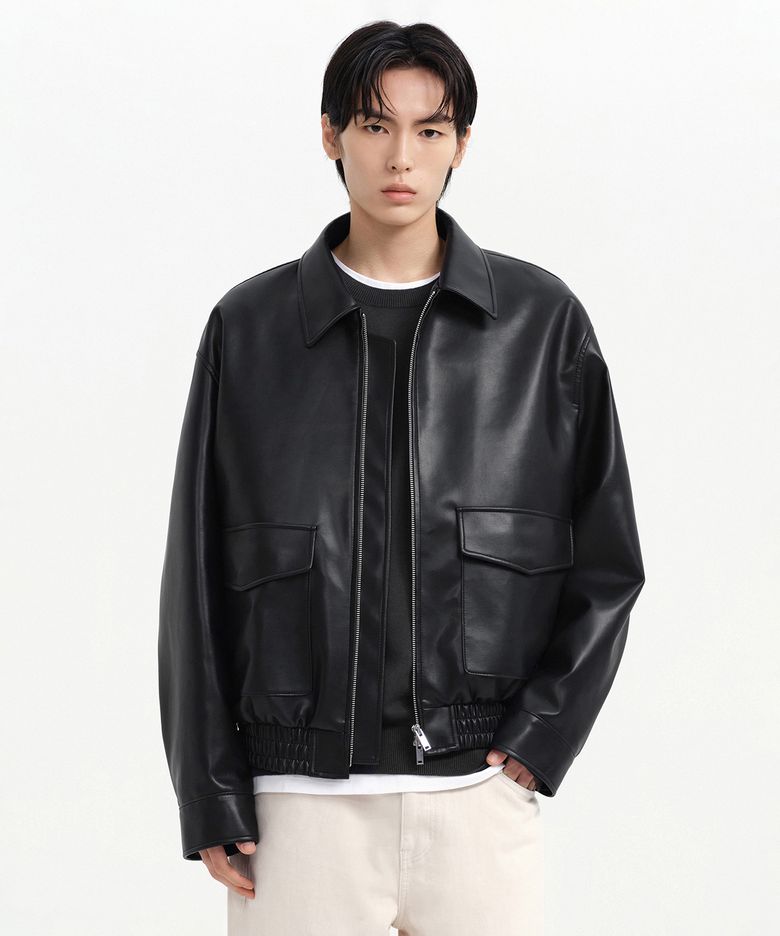 신세틱 레더 오버사이즈 에비에이터 재킷 [블랙]