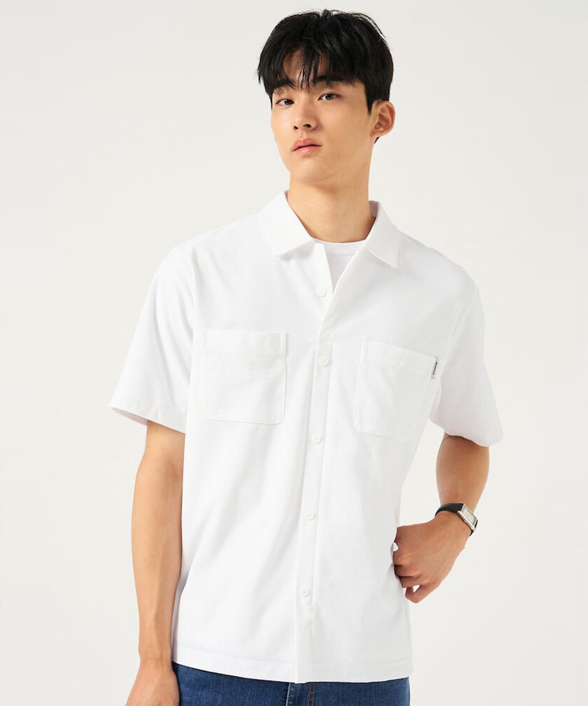 빈폴 멘(BEANPOLE MEN) 메쉬 포켓디테일 셔츠형 티셔츠  화이트