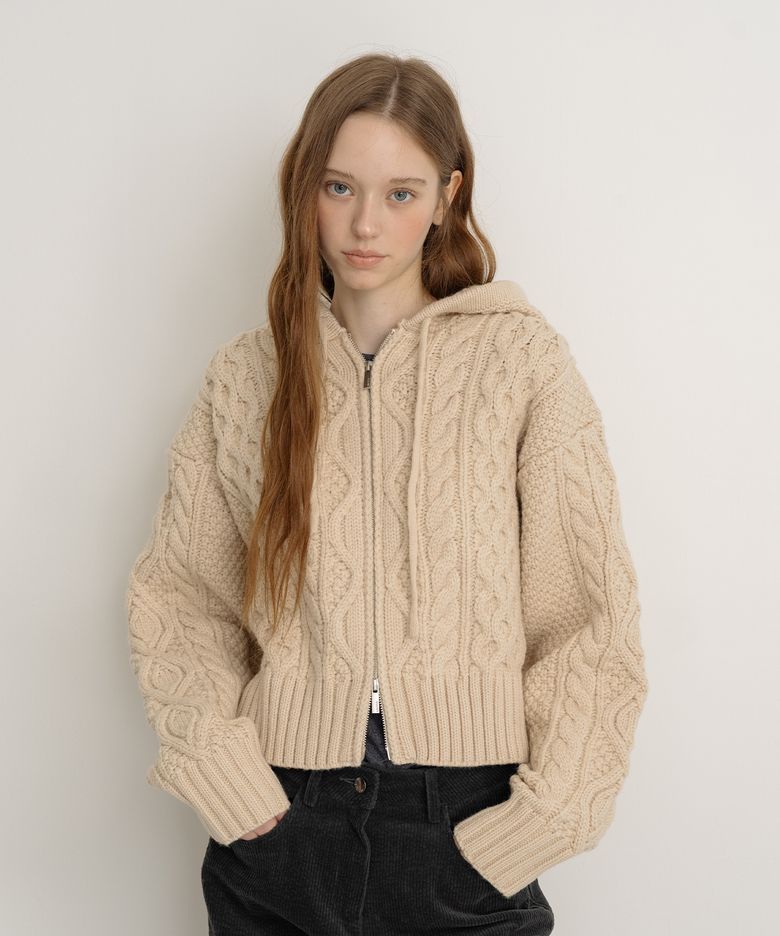 Cable Two Way Knit Zipup Cardigan - Beige