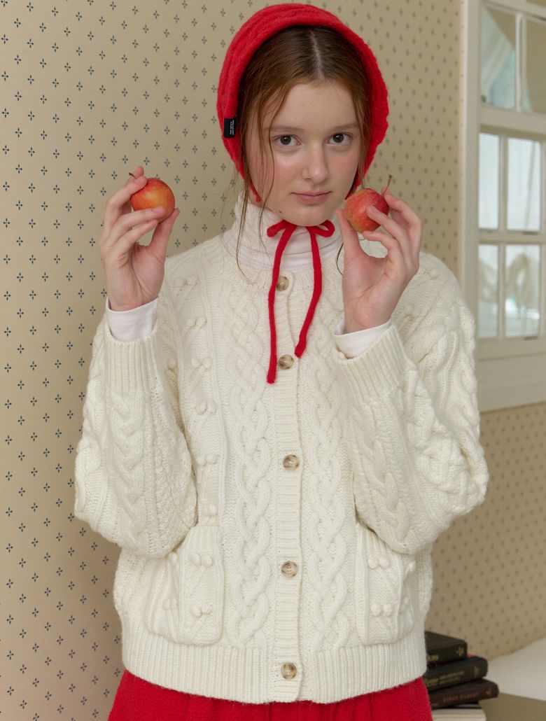 Pompom cable knit cardigan - ivory