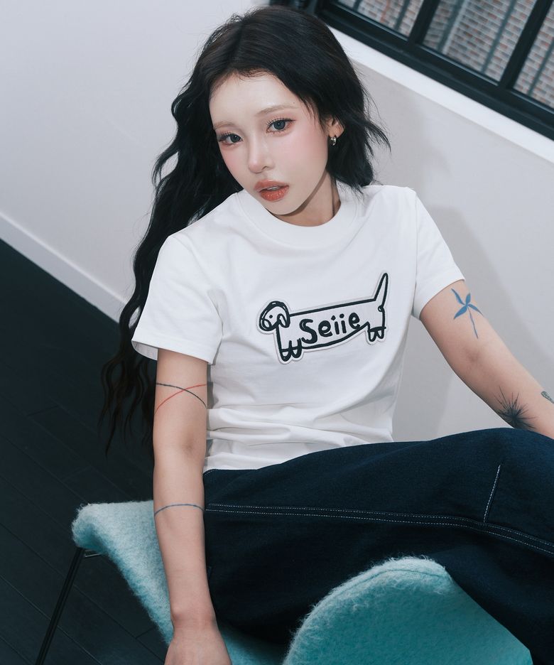 강아지 로고 슬림핏 아플리케 티 Ivory