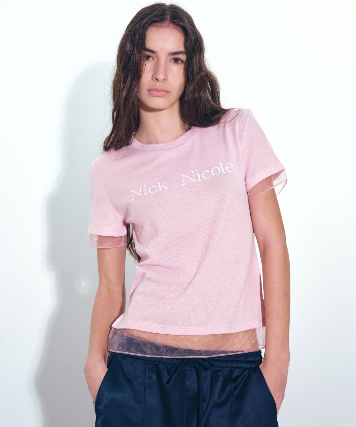 닉앤니콜(NICK&NICOLE) NICOLE SHEER LAYERED LOGO TOP_PINK
