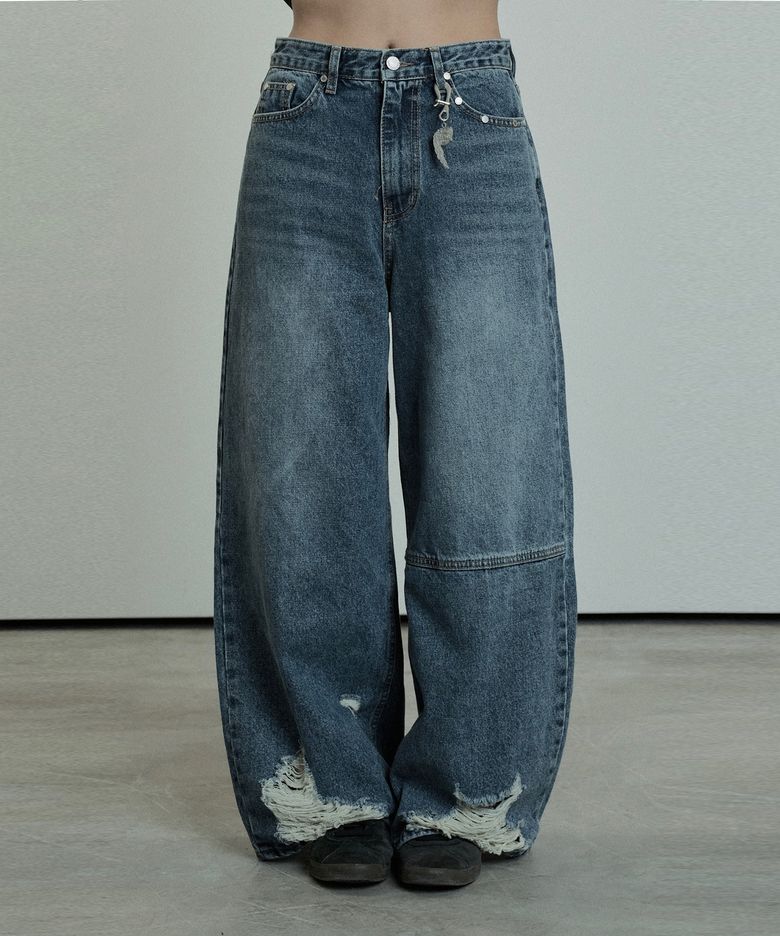 Hem Damage Keyring Wide Denim Pants (Blue)