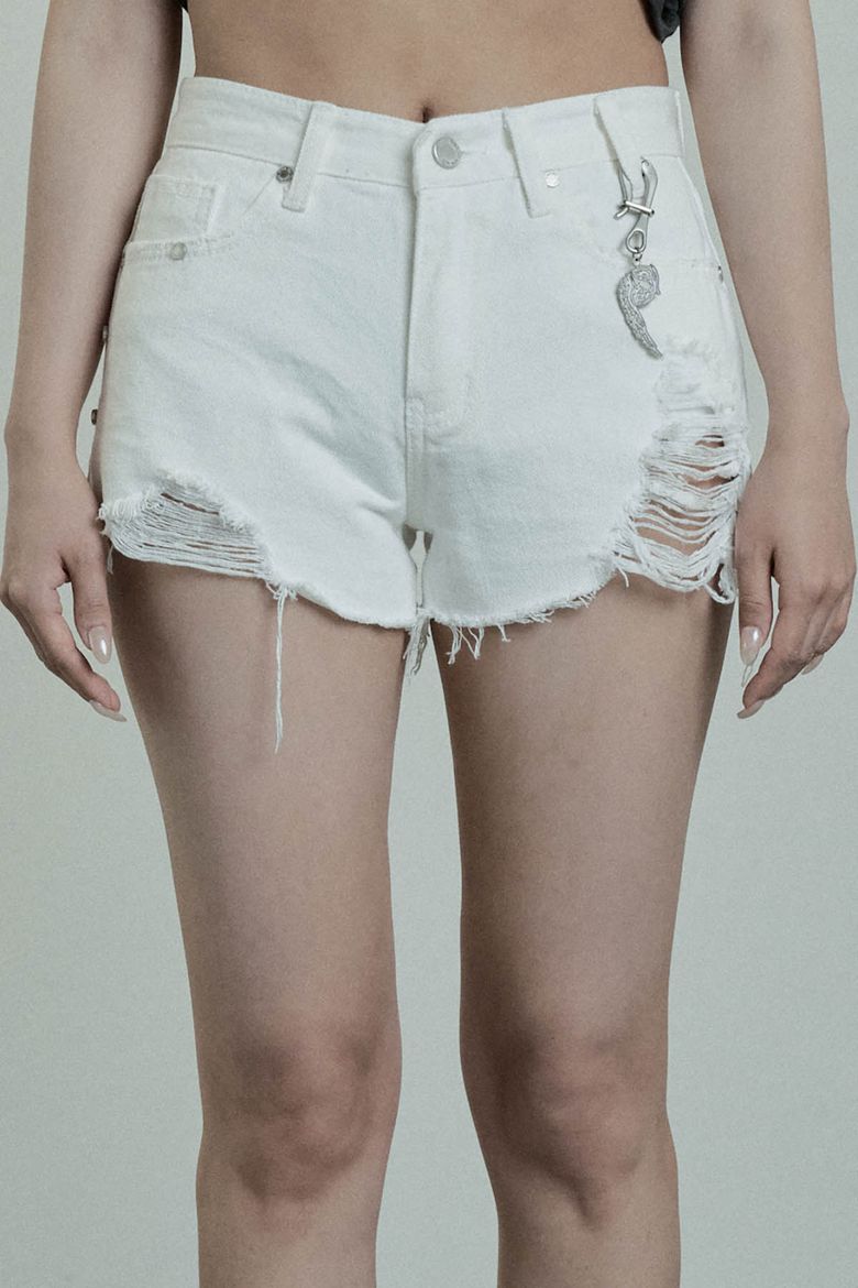 Rivet Damage Keyring Shorts pants (White)