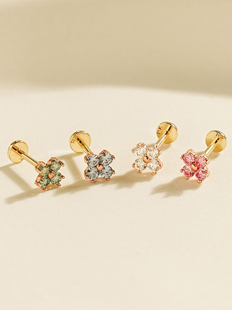 [0.8mm]14K 인터널 모이사나이트 다이아 네잎 꽃잎 라블렛 피어싱 귀걸이