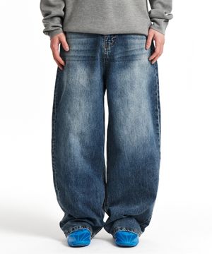 Faded Washing Wide Denim Pants (Indigo)