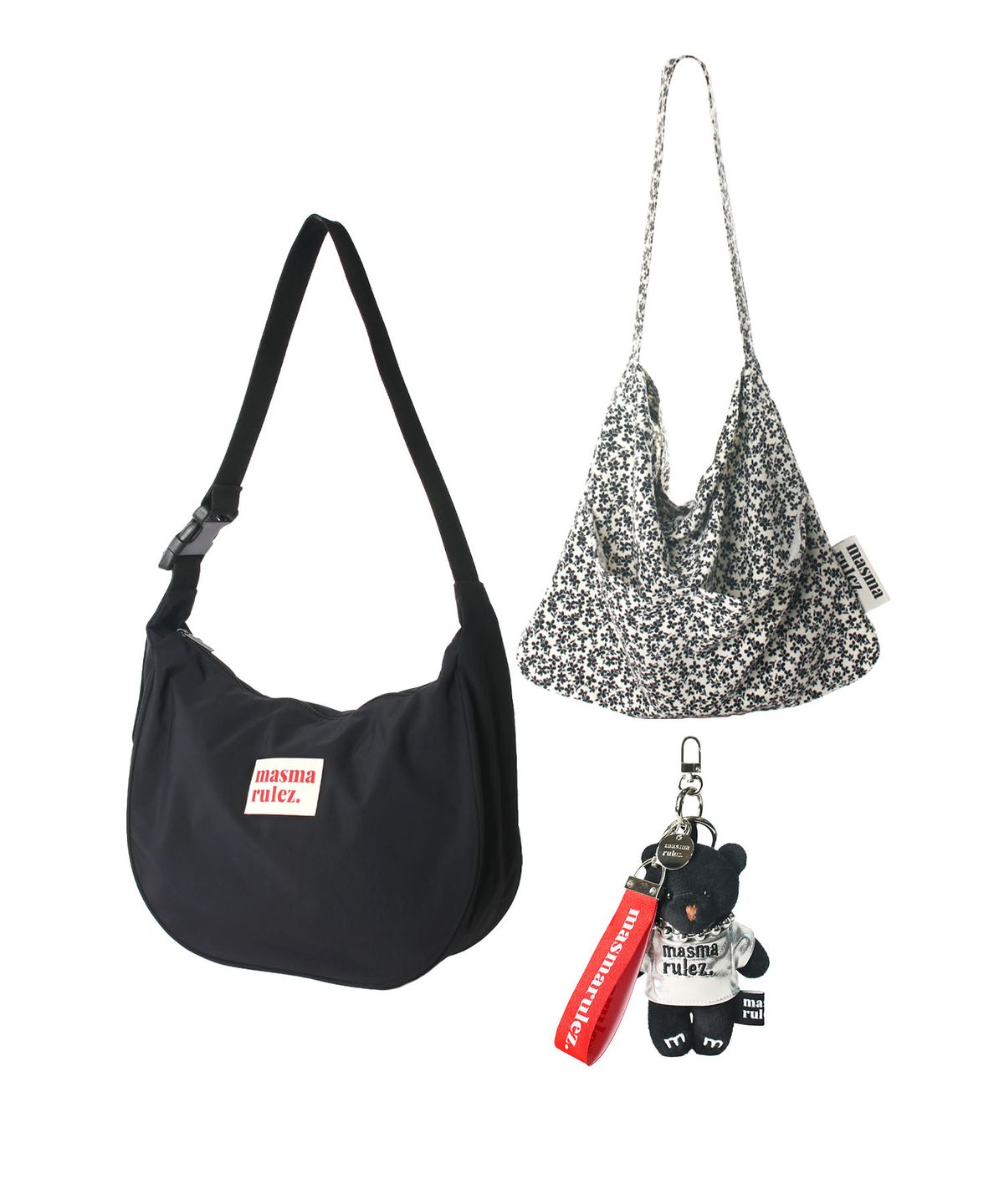 마스마룰즈(MASMARULEZ) [SET] Halfmoon cross bag_black & Rabbit eco bag_Black flower & BB KEYRING SET