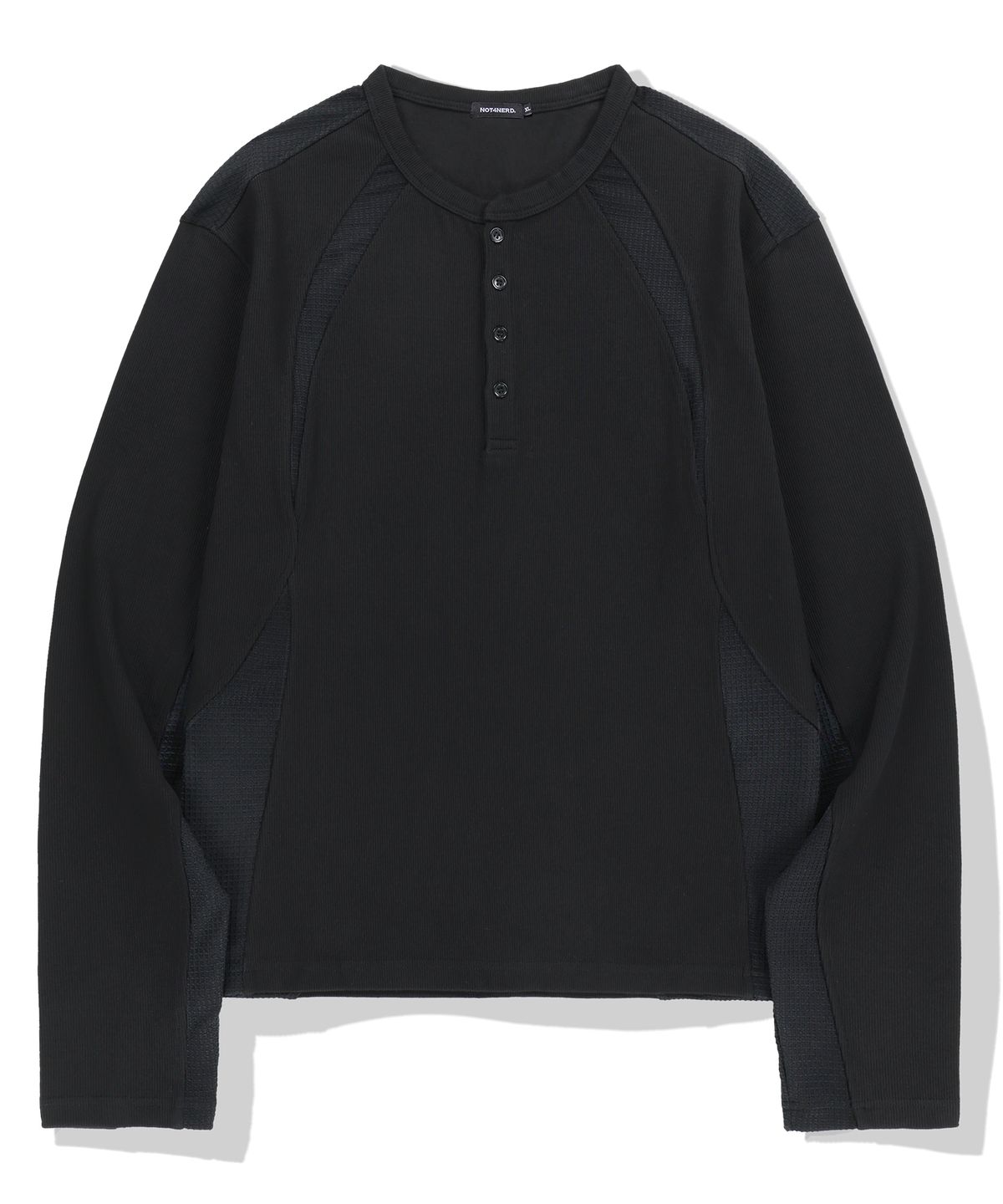 낫포너드(NOT4NERD) Ribbed Contrast Henley Neck Long Sleeve - Black