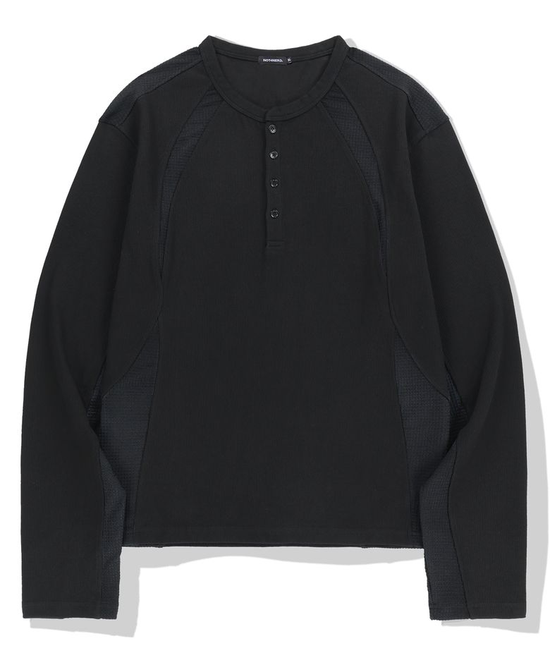 Ribbed Contrast Henley Neck Long Sleeve - Black