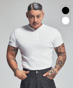 리브드 골지 헨리 머슬핏 티셔츠