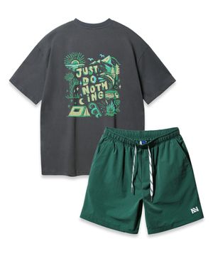 [SET] JUST DO NOTHING 오버핏 반팔티 스트링 포인트 우븐 반바지 셋업